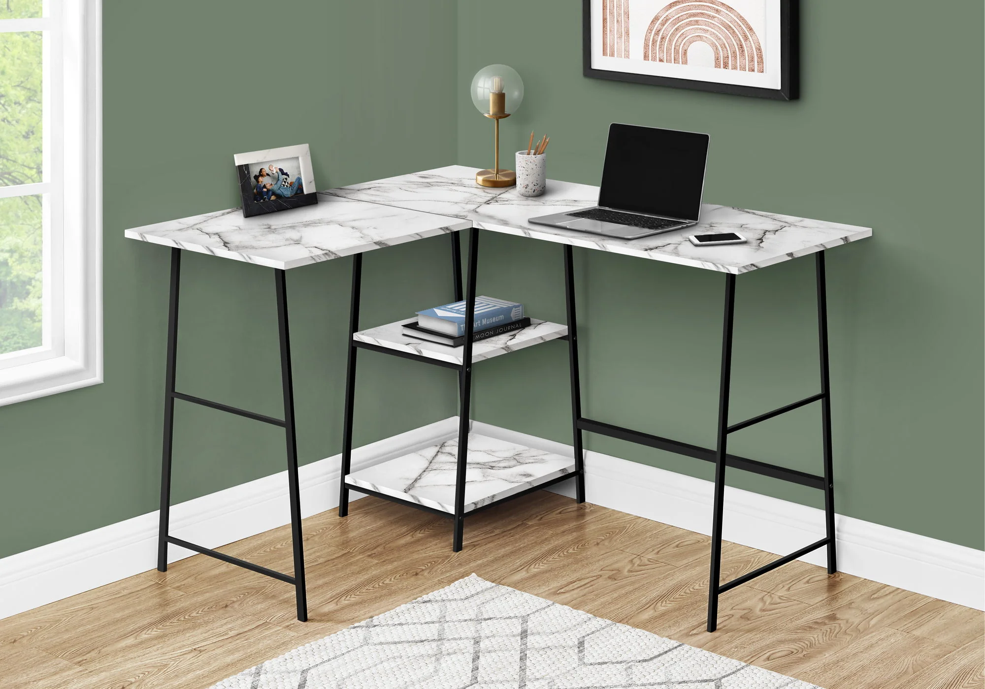 Computer Desk, Home Office, Corner, Storage Shelves, L Shape, Work, Laptop, Marble Look Laminate, Contemporary, Modern - Image 3