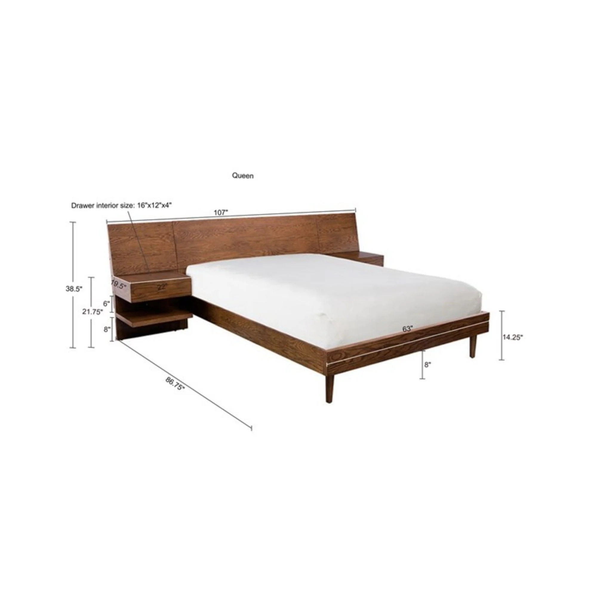 Queen Size Bed With Attached Nightstands And Hidden Storage - Pecan - Image 4