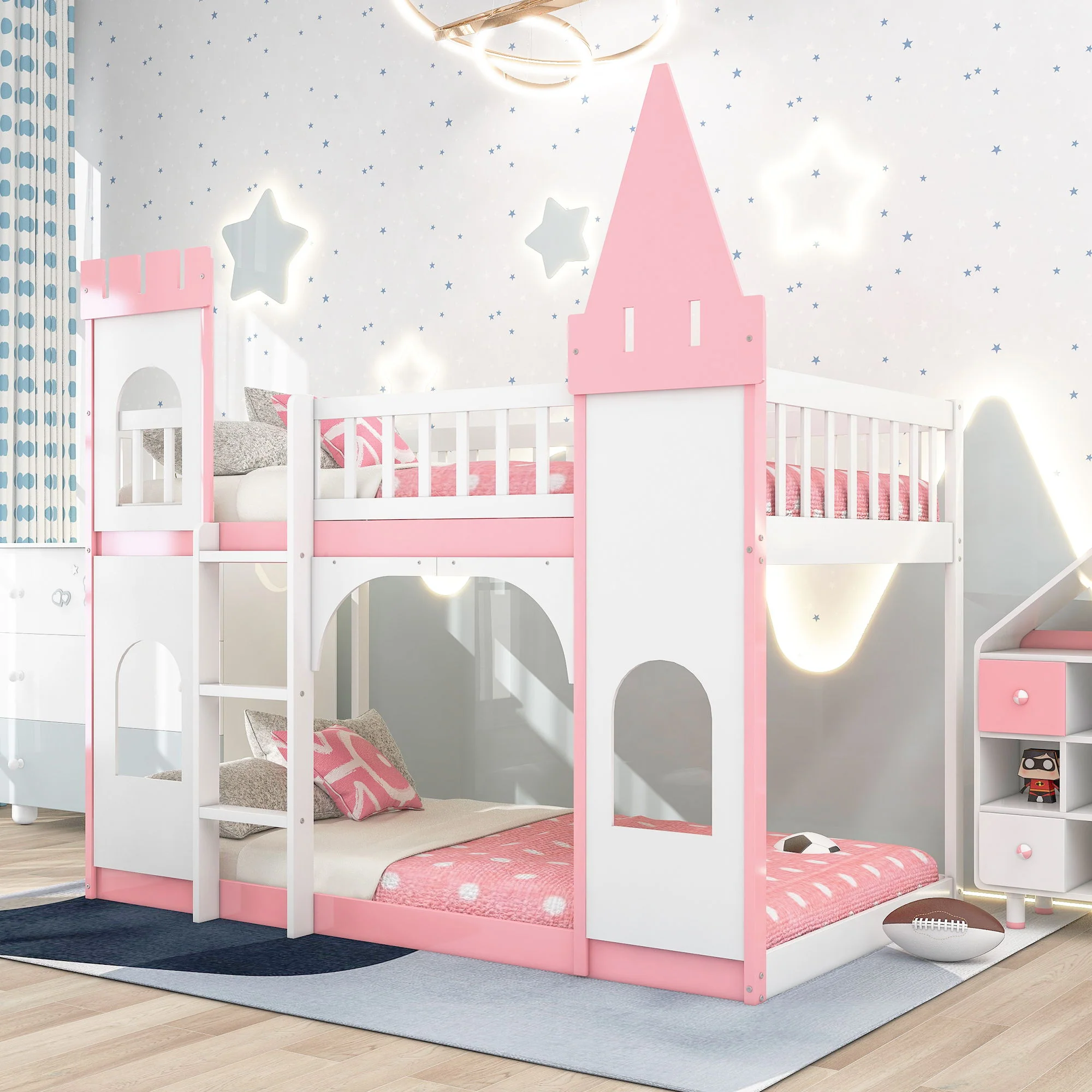 Twin Over Twin Castle Bunk Bed With Ladder - Pink - Image 3