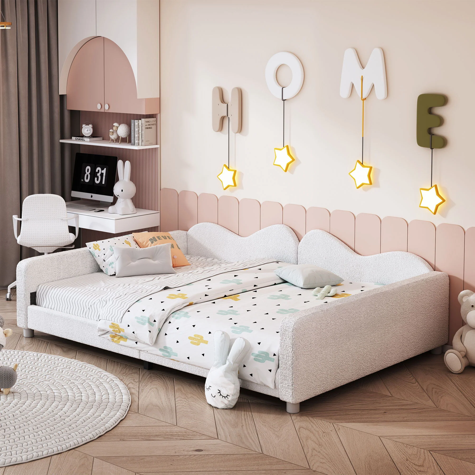 Upholstered Daybed, Sherpa Fabric Sofabed With Cloud-Shaped Backrest - Image 22